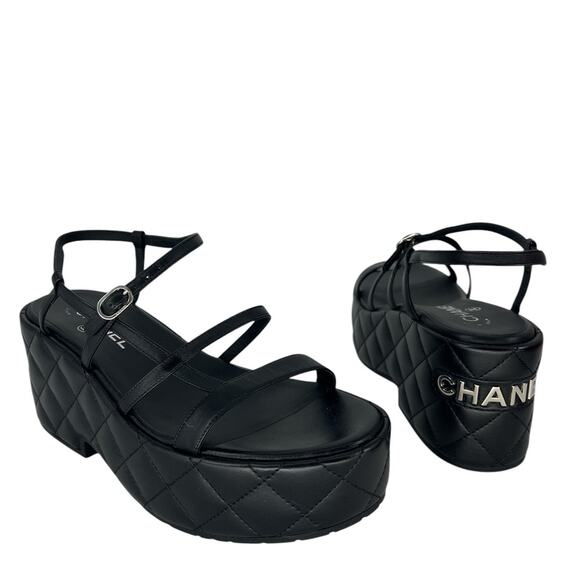 Chanel 2023 Calfskin Quilted Slingback Wedge Logo Sandals - Picture 4 of 16